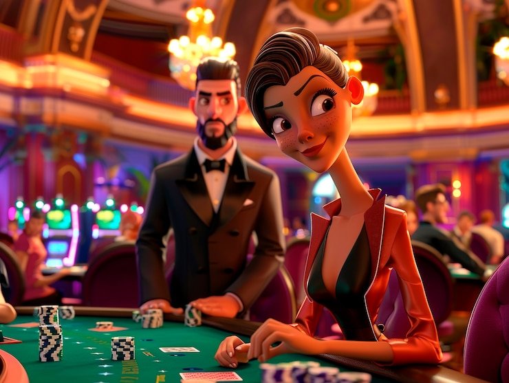 Live casino dealer profesional melayani pemain dengan meja dan kartu